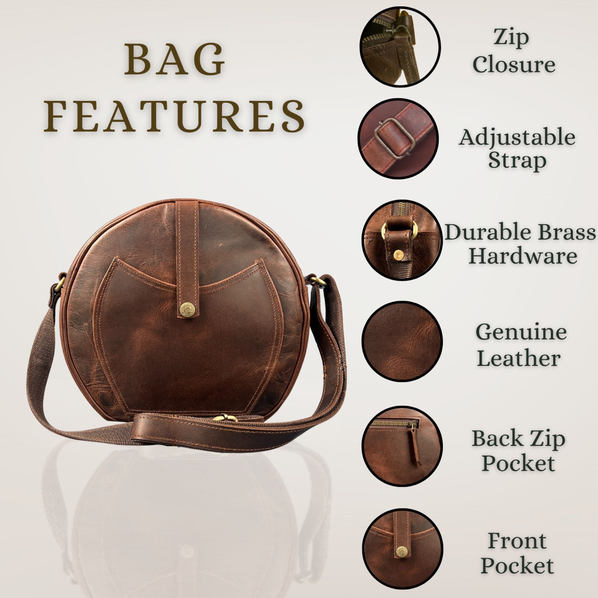 Crossbody Purse Buffalo Leather Hobo Women Semi Circle Zipper Brown Bag